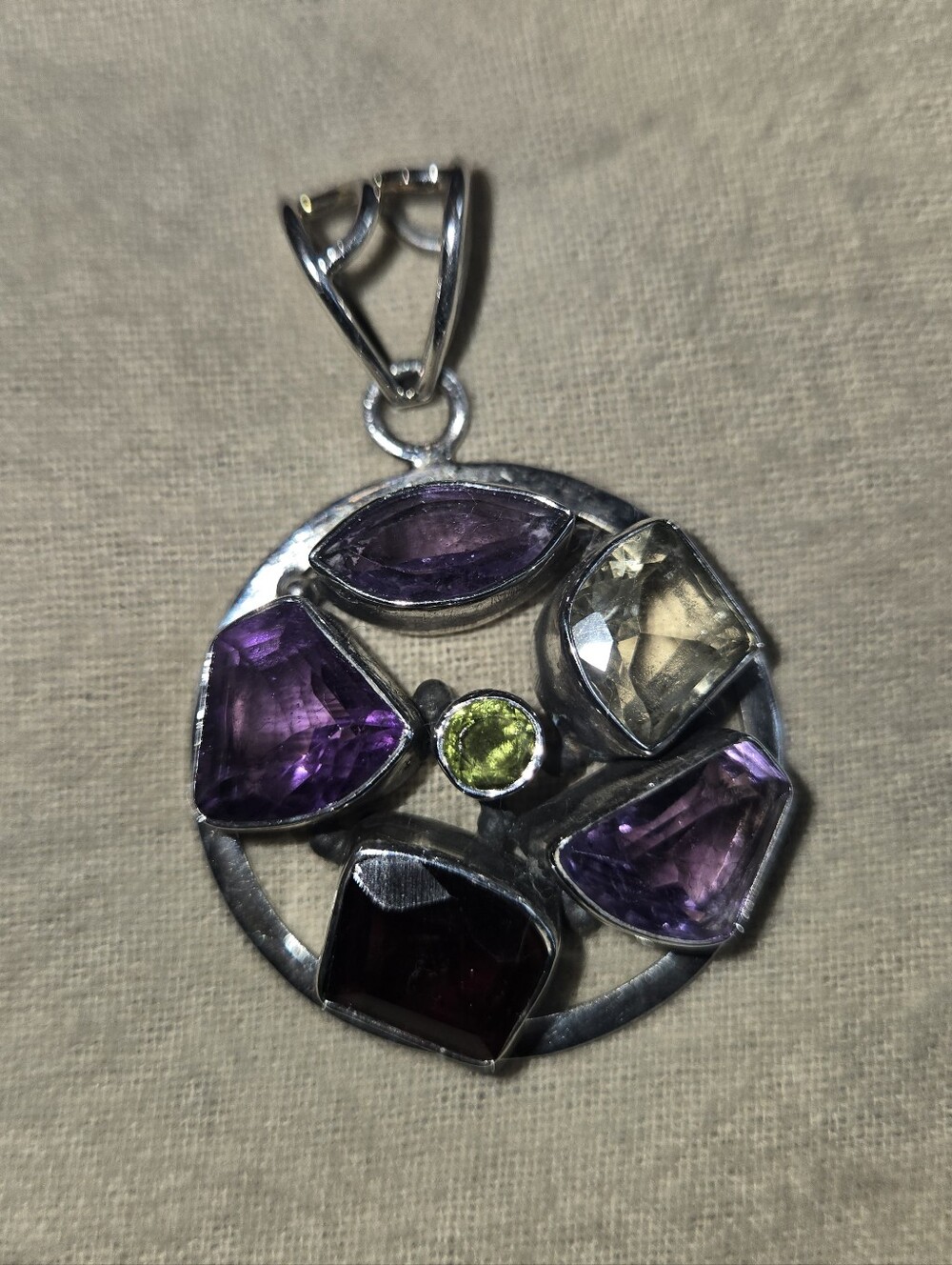 Silver Plated Multi-Gemstone Pendant - Purple & Green